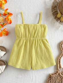 Bộ áo liền quần màu xanh lá cây có họa tiết, kiểu dáng thường ngày, có nơ, dành cho bé gái đi nghỉ mát. - Màu Mù tạt vàng - Xem 7