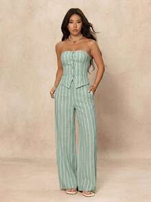 SHEIN PETITE Women's Minimalist Striped Bandeau Top And Pants 2 Pieces Set - Mint Green - View 6