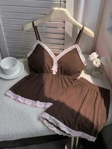Comfortcana 棕色加大码女士撞色蕾丝吊带背心和短裤两件套 - 棕色 - 查看 5