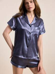 Contrast Piping Satin PJ Set / Pajama Set - Grey - View 6