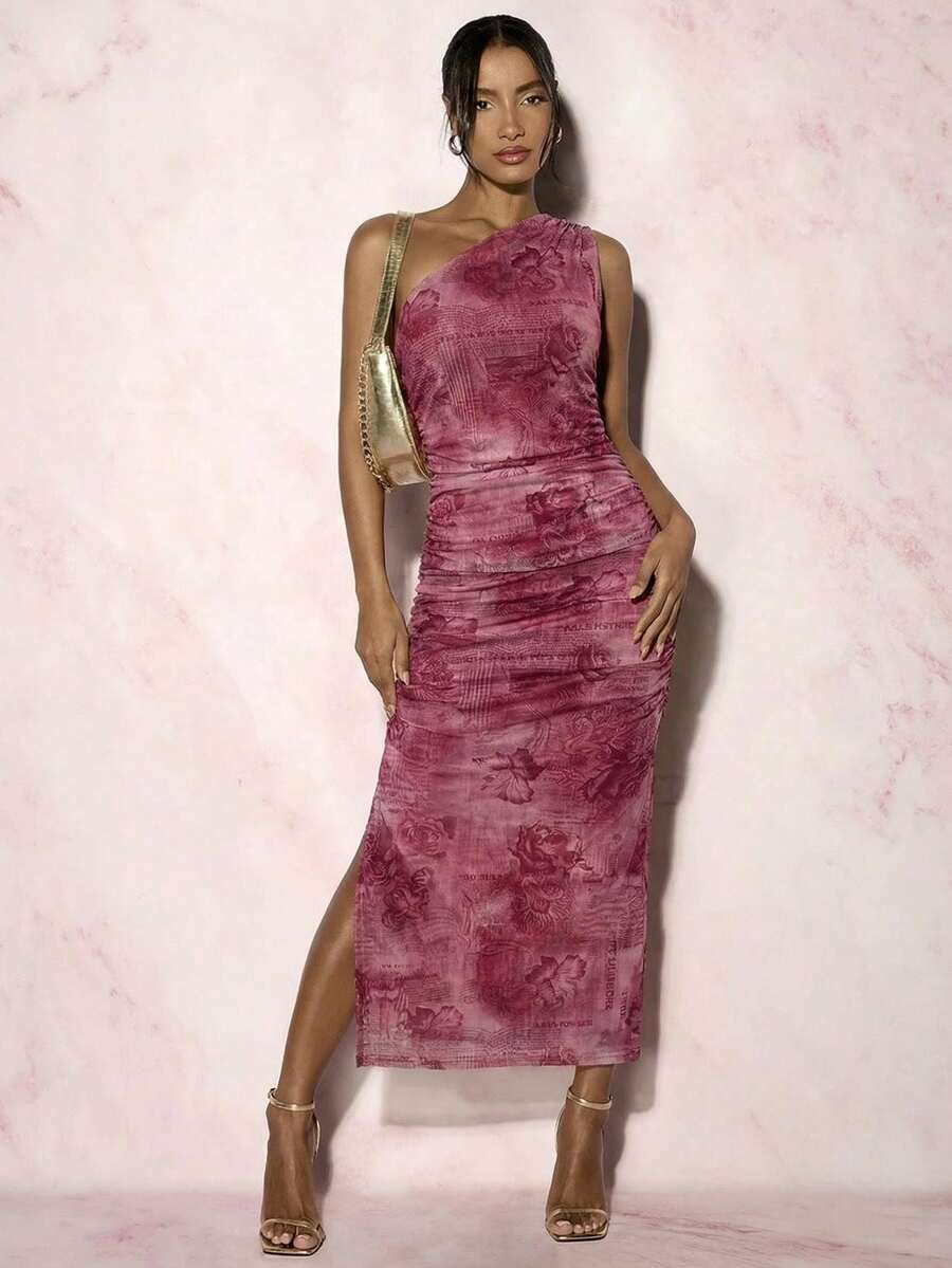 Glamine Women's Holiday Ink-Dyed One Shoulder Ruched Slit Dress Maxi Women Outfit - Multicolor - View 1