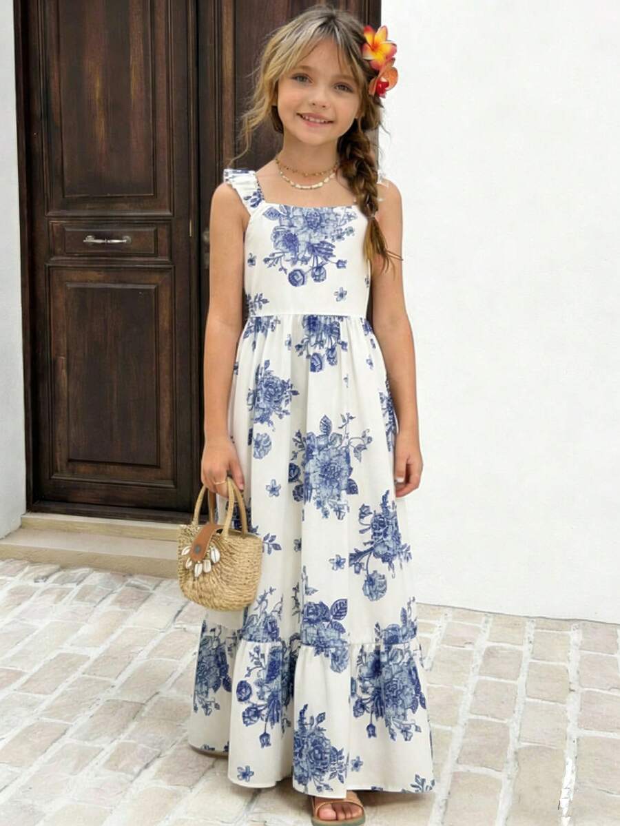 SHEIN Vestido de línea A para vacaciones de niñas preadolescentes con cuello cuadrado, mangas acampanadas y dobladillo con volantes, para verano - Azul y blanco - Ver 1
