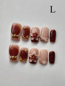 10 Pieces Y2K Gradient Amber Square Metal Texture Gilded Handmade French Manicure 3D Carved Wearable Press On Nails High End Versatile Daily Wear For Women Nail Art Supplies False Nails Home Salon Gift - Brown - View 7