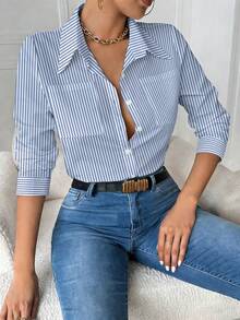 EMERY ROSE 休闲翻领口袋修身白色长袖女式衬衫 - 藍色 - 查看 4