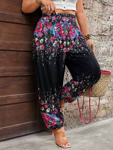 Breezaya Plus Size Women Floral Print Casual Boho Everyday Wear Pants Vacation Black Autumn - Black - View 4