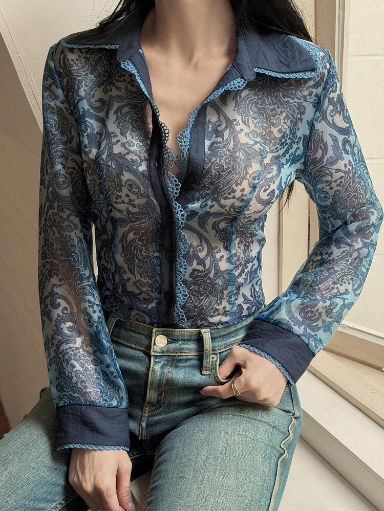Women's Floral Patchwork Lace Collar Long Sleeve Elegant Summer Vacation Blouse