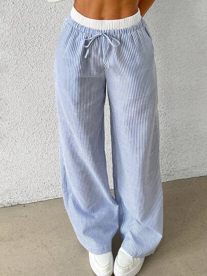 Manfinity BRENVOR Men's Woven Striped Loose Wide-Leg Casual Straight Pants, Going Out Long Drawstring Baggy Basic Light Blue Slacks Pants, Fits Daily Wear, Husband, Boyfriend Gifts, Fall