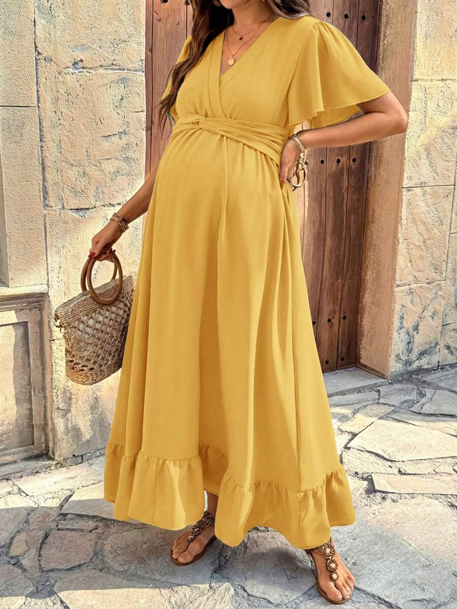 SHEIN Maternity Solid V-Neck Ruched Casual Minimalist Party & Outing Dress - Yellow - View 1