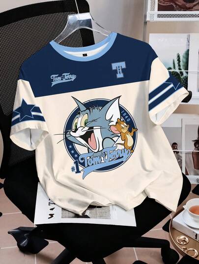 TOM & JERRY X SHEIN Women's Casual Colorblock Cartoon Print T-Shirt, Summer