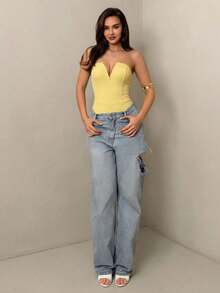 SHEIN Glamour Áo liền thân gợi cảm không dây màu trơn dành cho nữ - Màu vàng - Xem 6
