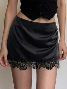 Siren Gaze Chân váy ngắn ren phối màu trơn đơn giản dành cho nữ, thích hợp cho mùa hè. - màu đen - Xem 1