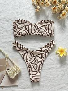 Swim Mod Multicolor Sleeveless Textured Pattern Bandeau Bikini Set For Women High Cut Swimwear Short Length - Multicolor - View 2