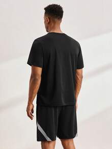Driftmere 2pcs Men Summer Short Sleeve Set, Casual Sports Round Neck T-Shirt + Shorts Outfit - Black - View 2