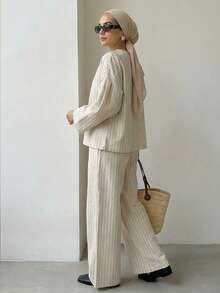 Solavon 女士条纹长袖衬衫和裤子休闲两件套 - 卡其色 - 查看 6