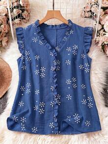 EMERY ROSE Plus Size V-Neck Sleeveless Frill Trim Faux Embroidered Blouse - Blue - View 1