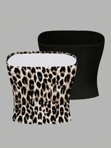 Olithes 2 chiếc áo quây nữ họa tiết da báo và áo quây đen trơn, áo corset ngắn không tay kiểu dáng thường ngày, áo kiểu dự tiệc không tay gợi cảm. - Nhiều màu - Xem 2