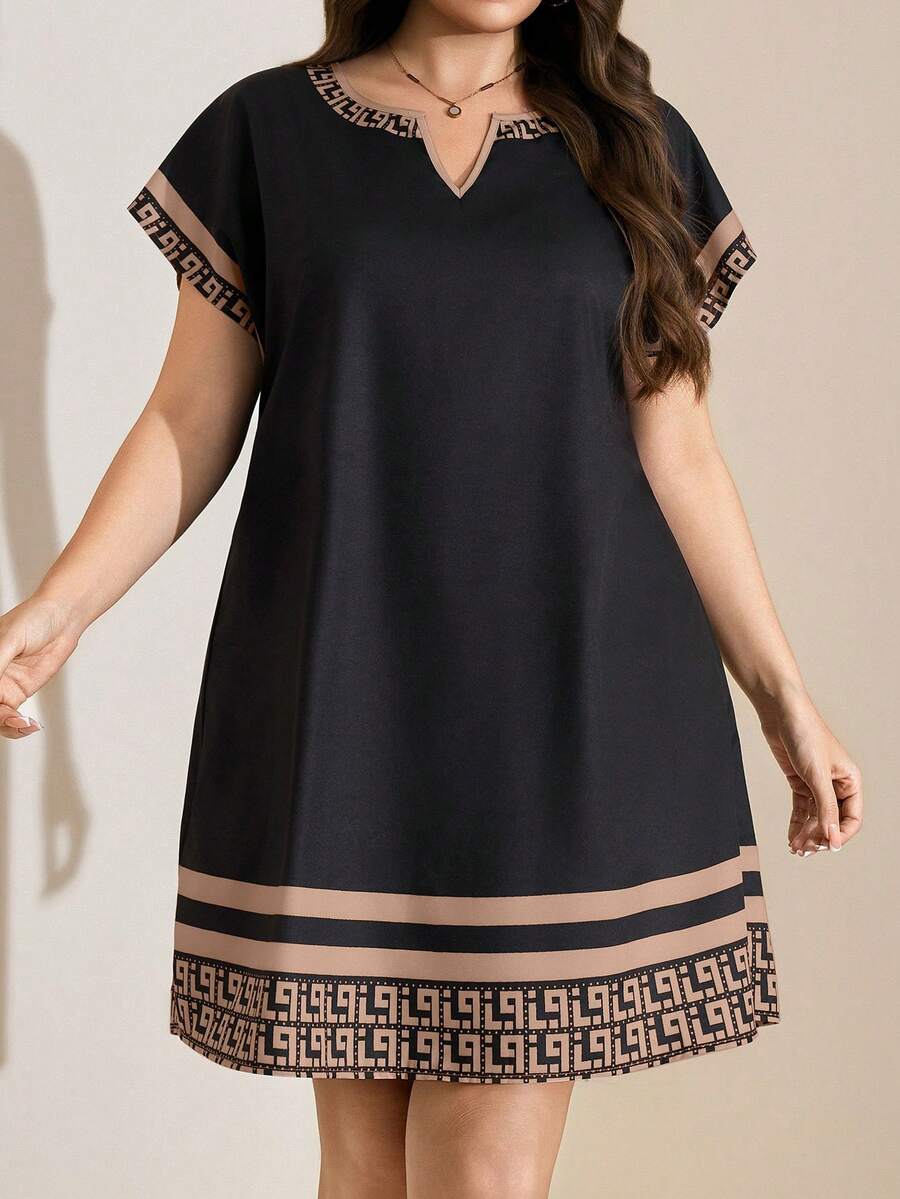 Comfylo Plus Size Women Summer Casual Notch Neck Dress - Coffee Brown - View 1