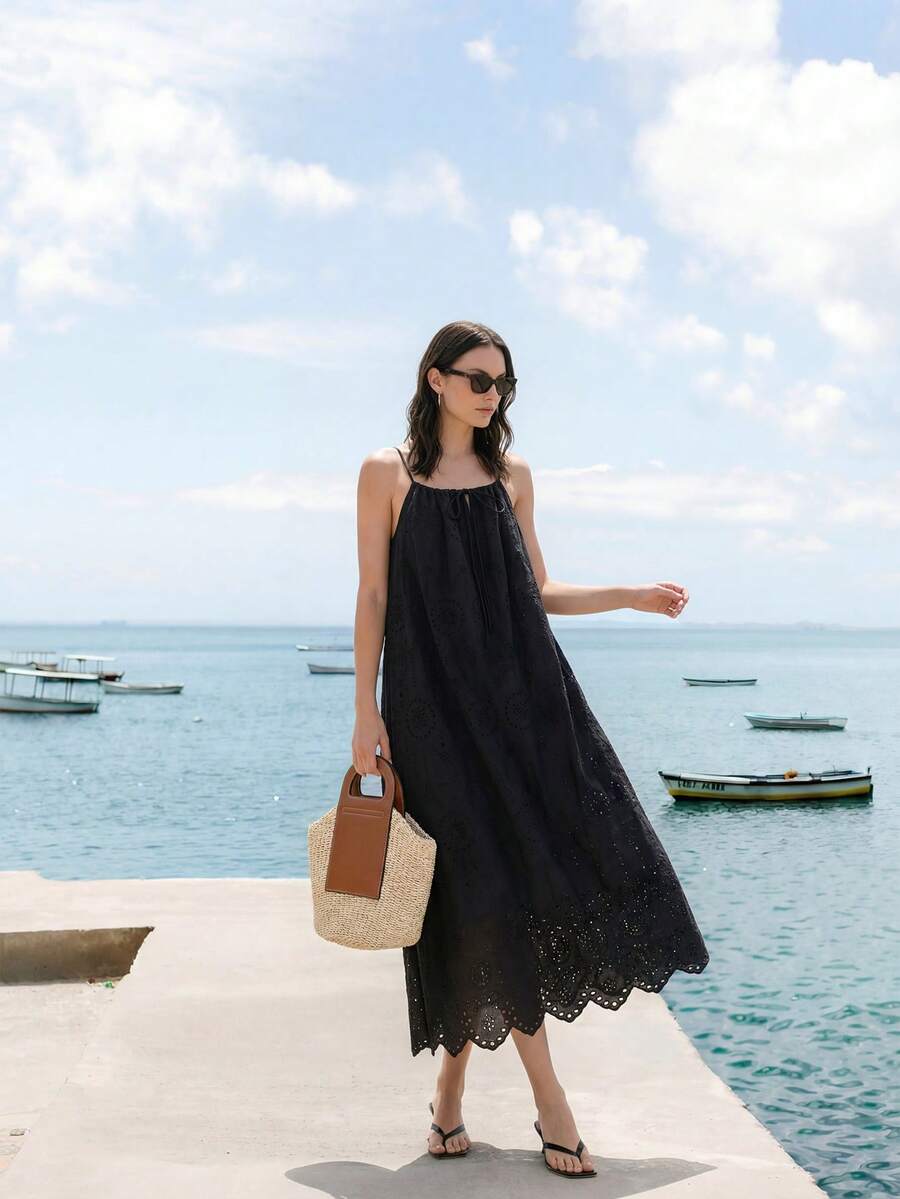 Briarwyn Women's Black Summer Eyelet Embroidered Modest Beach Holiday Dress,Solid Color Front Drawstring Ruched Elegant Long Strap Vacation Date Party Outfits - Black - View 1