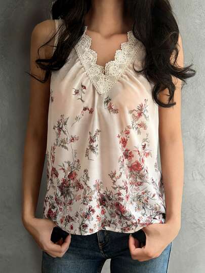 Livesso Women's Floral Print Contrast Lace Casual Camisole