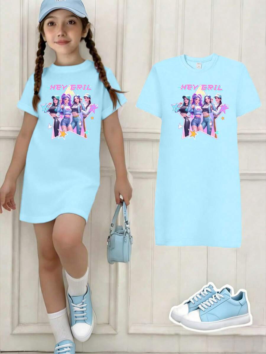 Elladie kids Áo thun ngắn tay nữ tính, năng động, sáng tạo, cá tính, tươi mới, tối giản, dễ thương, in hình ngôi sao năm cánh, họa tiết chữ cái, khẩu hiệu, nhiều màu sắc, phù hợp mặc hàng ngày, mùa xuân, hè và thu. - Màu xanh lam - Xem 1