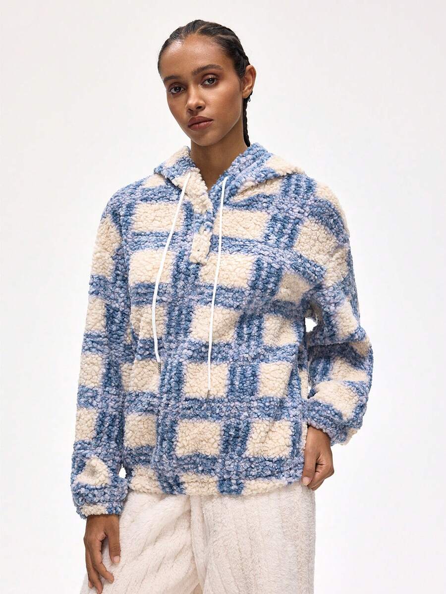 Rest Era Women's Plaid Print Hooded Fleece Long Sleeve Loungewear Top, Autumn/Winter - Multicolor - View 1