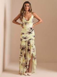 xheSHEIN  Vestido ajustado de mujer con malla, cuello profundamente drapeado, abertura alta y estampado floral, vestido sexy y elegante para playa y resort, primavera/veranoxhe - Albaricoque - Ver 5