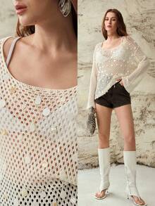 MOTF PREMIUM TOP DE PUNTO DE MANGA LARGA MINIMALISTA CON LENTEJUELAS CALADAS, VERSÁTIL Y CÓMODO PARA USO CASUAL DE MUJER - Blanco - Ver 6