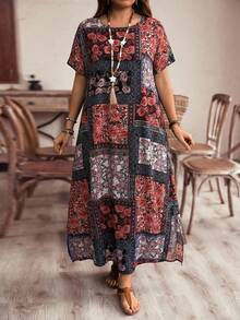Rusticease Plus Size Women's Vacation Style Patchwork Floral Print Side Slit Loose Long Beach Dress - Blue Day - View 7