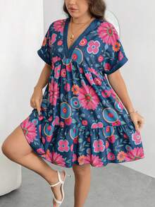 Enliva Plus-Size Women's V-Neck Short-Sleeved Casual Vacation Holiday Light Blue Summer Boho Floral Pattern Dress Flowy Music Festival For Apple Rounded Body - Multicolor - View 6