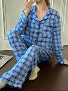 Napfluff Grün & Schwarz karierter Damen Lässig Langarm Pyjama Set mit Kragen - Blau - Übersicht 4