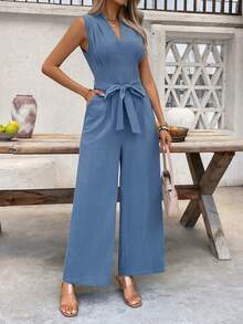 SHEIN Clasi Elegant Sexy Waist-Cinched Wide Leg Pleated 100 Cotton Jumpsuit For Woman Petite Women Clothing,Pastal,Summer,Casual,Vacation,Holiday Outfits Golf - Blue - View 3