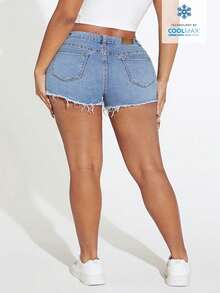 SHEIN SXY Pantalones cortos vaqueros casuales y versátiles con bolsillos y dobladillo deshilachado para mujer de talla grande - Lavado ligero - Ver 3