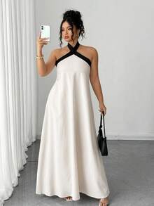 Elenzga Plus Size Elegant Sexy Backless Halter Colorblock Dress, Summer - Beige - View 3