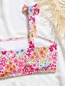 SHEIN Conjunto de traje de baño de niña adolescente con estampado digital de punto, con tirantes con lazo, estilo europeo y americano, conservador y elegante, adecuado para verano, natación y playa - Multicolor - Ver 6