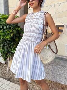 Serisse Women's Pleated Collar Sleeveless Smocked Mini Dress,Pink And White Striped Boho Summer A-Line Dress For Holiday,Vacation,Beach,Party,Wedding,Spring - Multicolor - View 8