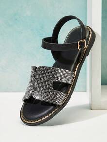 Mini mi Sandal đế bằng màu đen đính đá lấp lánh cho bé gái, kiểu dáng hở gót, quai ngang mắt cá chân, đế viền vàng, sang trọng và sẵn sàng cho mùa hè. - màu đen - Xem 4