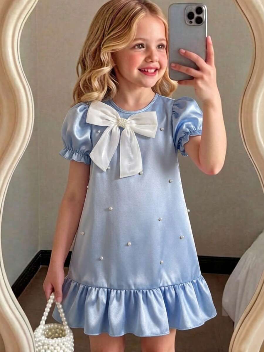 Young Girl's Sweet Faux Pearl Beaded Petal Sleeve Dress, Summer Dresses For Girls Girls Apparel Young Girls Dresses Child Dress Kids Clothes Casual Dress For Kids Girls Summer Dress Girls Blue Dress Young Girl Dresses Kids Summer Dresses Modely Kids Dress - Blue - View 1