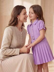 SHEIN 1pc Girls' Baby Purple Summer Family Matching Back-To-School Stripe Collared Waist-Cinched Mid-Length Short Sleeve Pleated Dress With Waist Belt - Purple - View 5
