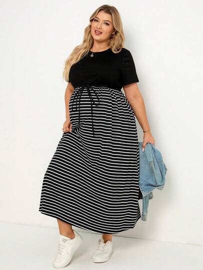 Plussiva Đầm bầu cỡ lớn kẻ sọc cổ tròn tay ngắn thắt eo kiểu dáng thường ngày
