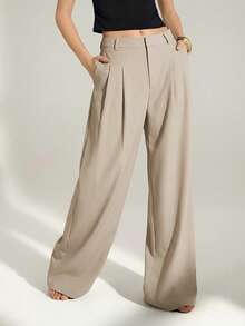 SHEIN Tall Quần ống rộng xếp ly cạp cao phong cách công sở sang trọng, thanh lịch – Quần tây dáng suông màu trơn, trang phục công sở chuyên nghiệp, quần tây công sở may đo thời trang dành cho nữ. - Màu be - Xem 4