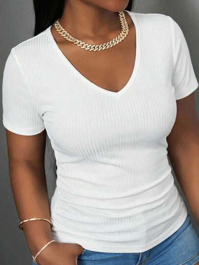 Slaydiva Áo thun trắng tay ngắn cổ chữ V dáng rộng, chất liệu vải gân, tối giản, thích hợp cho mùa hè, áo trắng dự lễ hội âm nhạc.