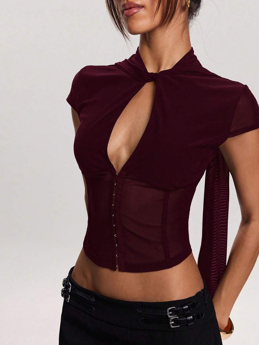 SHEIN BAE 女士纯色短袖镂空露脐上衣 - 紫紅色 - 查看 1