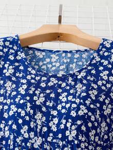 Rusticease Women's Summer Holiday Floral Printed Short Sleeve Casual Dress With Round Neck - Blue and White - View 3