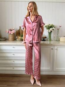 Snug Reverie Satin Collar Heart Jacquard Ruffle Hem Bow Tie Short Sleeve Pants Cute Ladies Pajama Set Lounge Dusty Pink Summer - Baby Pink - View 1