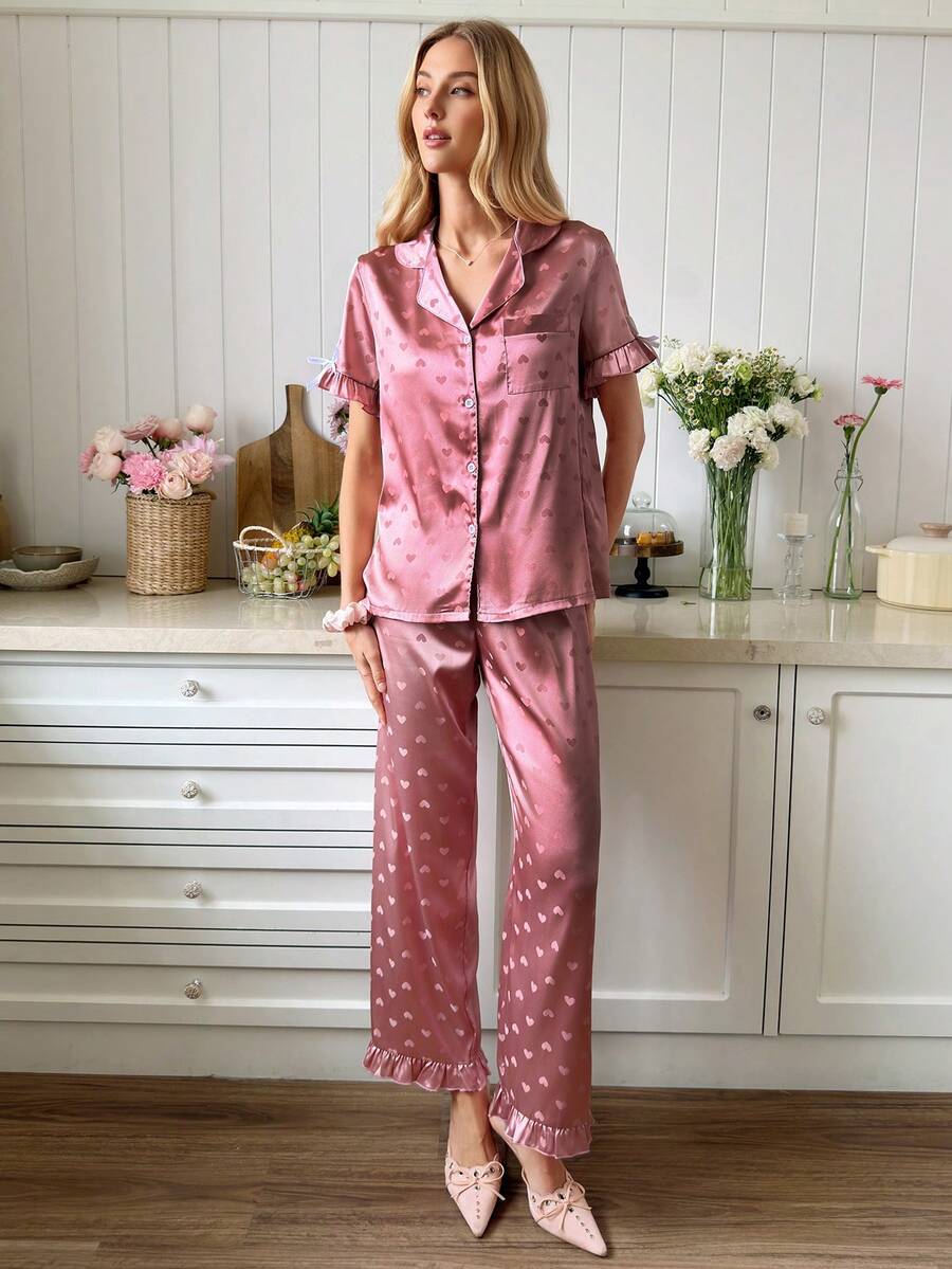 Snug Reverie Satin Collar Heart Jacquard Ruffle Hem Bow Tie Short Sleeve Pants Cute Ladies Pajama Set Lounge Dusty Pink Summer - Baby Pink - View 1