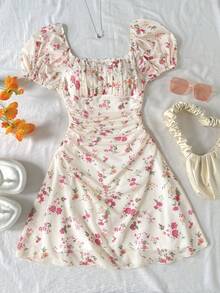 少女碎花荷叶边泡泡袖迷你连衣裙，适合春夏、情人节和假期穿着 - 粉色 - 查看 2