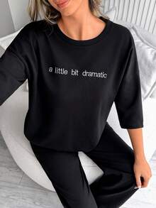 SHEIN 2 Pcs,Embroidery Minimal ''Los Angeles'' Inspired Cotton Street Casual Set - Black - View 5