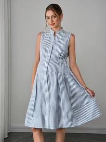 Momance Đầm sơ mi không tay kẻ sọc, eo chun, phong cách tối giản mùa hè - Xanh và trắng - Xem 3