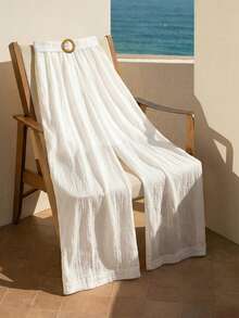 GlowEve CURVE Quần ống rộng thoải mái dành cho nữ cỡ lớn, chất liệu giống cotton pha lanh, thích hợp cho mùa hè, nhẹ nhàng, kiểu dáng thường ngày, rủ mềm mại, thoải mái, thích hợp cho kỳ nghỉ, công tác, quần ống rộng dài đến sàn. - trắng - Xem 3