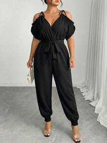 SHEIN Elenzya Plus Size Black Off-Shoulder Lace Jumpsuit,Elegant Curve Night Out Cocktail Club Summer Wide Leg 2 Piece Set,Cinched Waist See Through Jumpsuits - Black - View 3